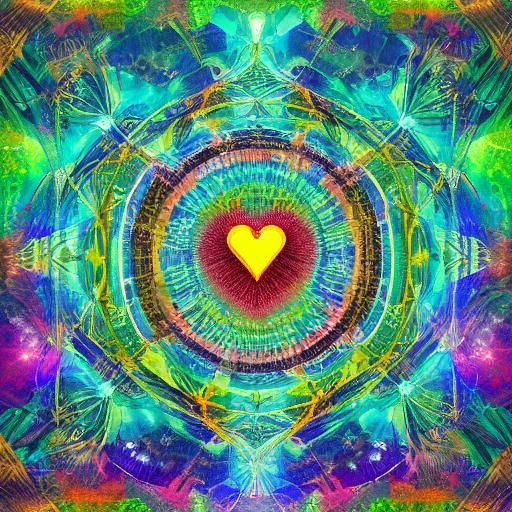 Cosmic Heart Chakra Forest in Pablo Amaringo Style