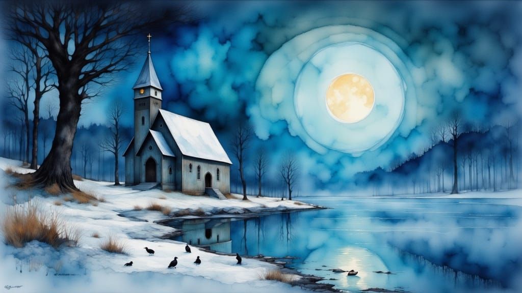 Chapel Panorama by Snowy Lake in Impasto Style