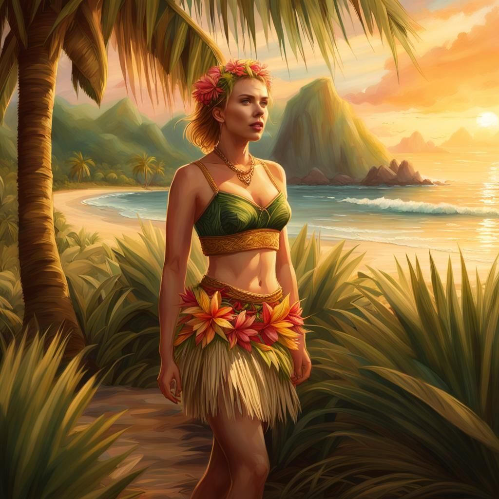 Tropical Sunset: Woman in Grass Skirt by the Sea