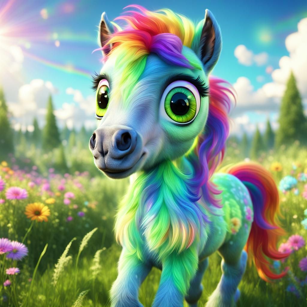 Rainbow Baby Horse in Fantastical Meadow