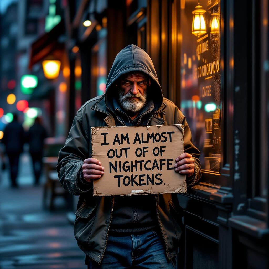 Night Cafe Beggar's Plea in Gritty Urban Art