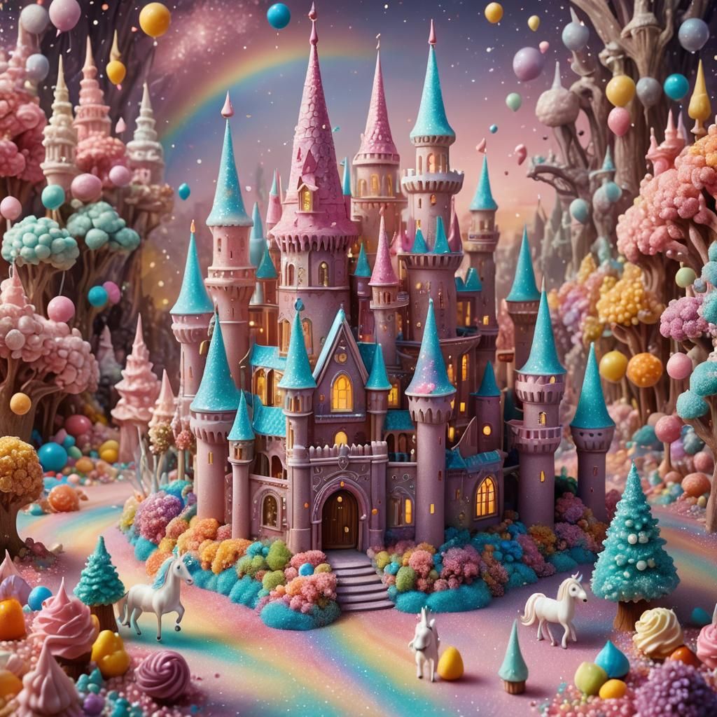 Candy Land Castle with Unicorns in Matte Painting
