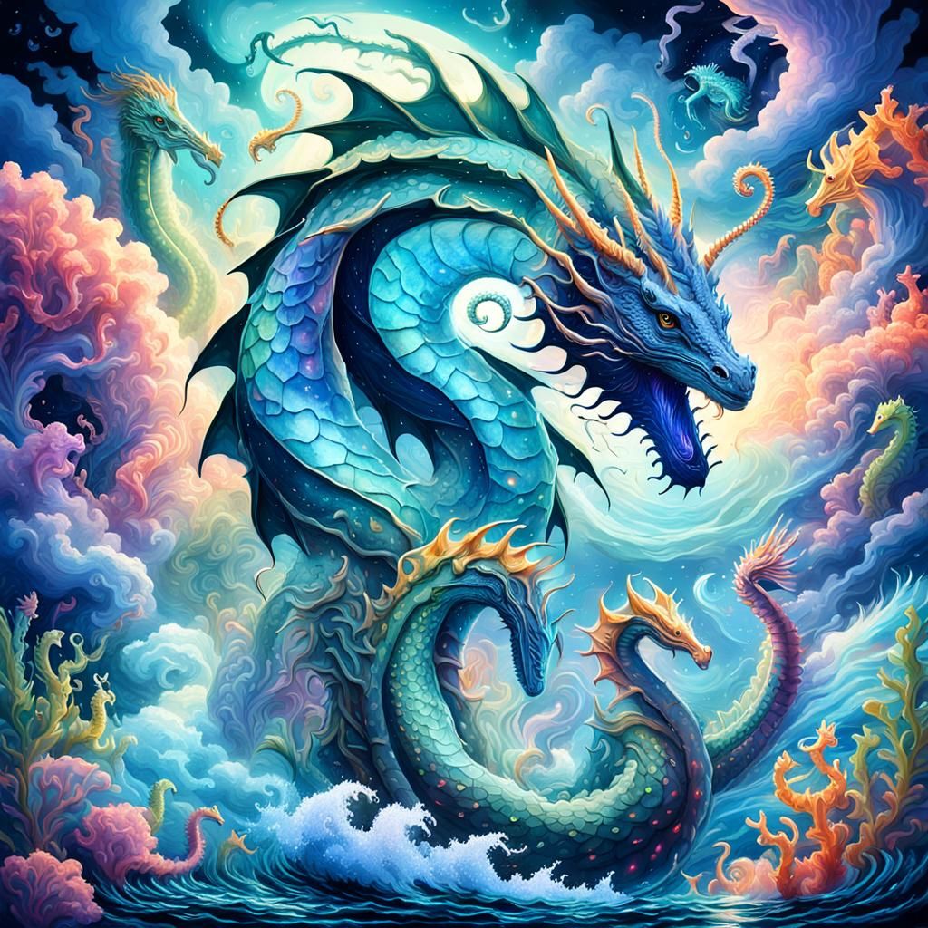 Water Dragon and Seahorses in Astral Tornado