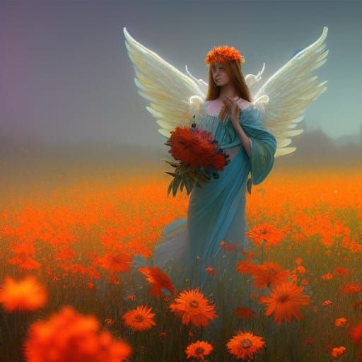 Angelic Figure in Flower Meadow: Digital Art