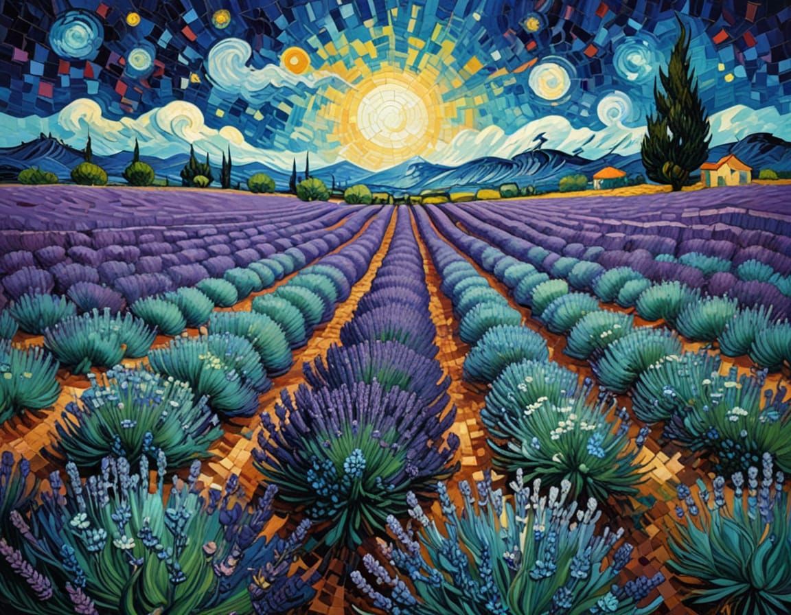 Whimsical Mosaic of Lavender Fields in the Style of Van Gogh...