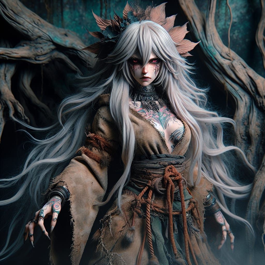 Anime Shaman in Dreary Swamp: 8K Photorealistic Image