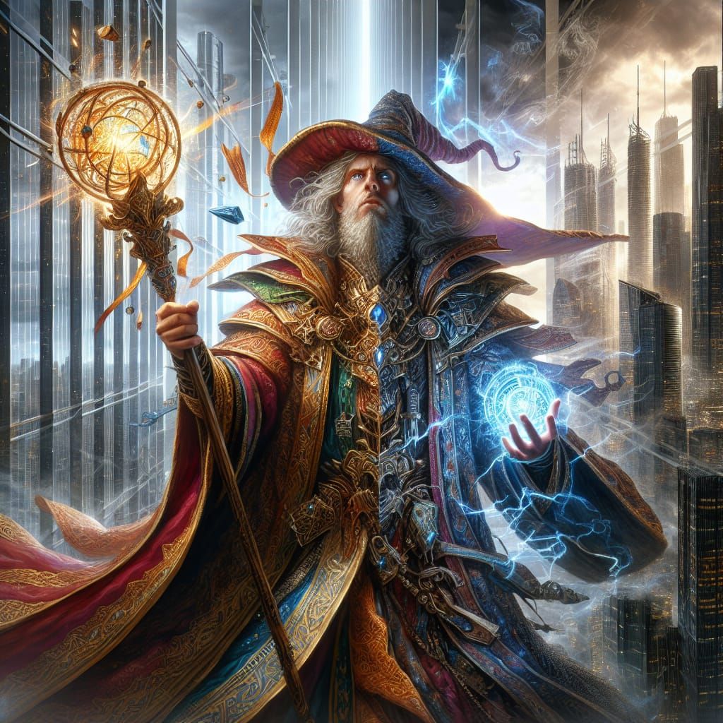 Wizard Teleports to Metropolis in Hyperrealistic Style