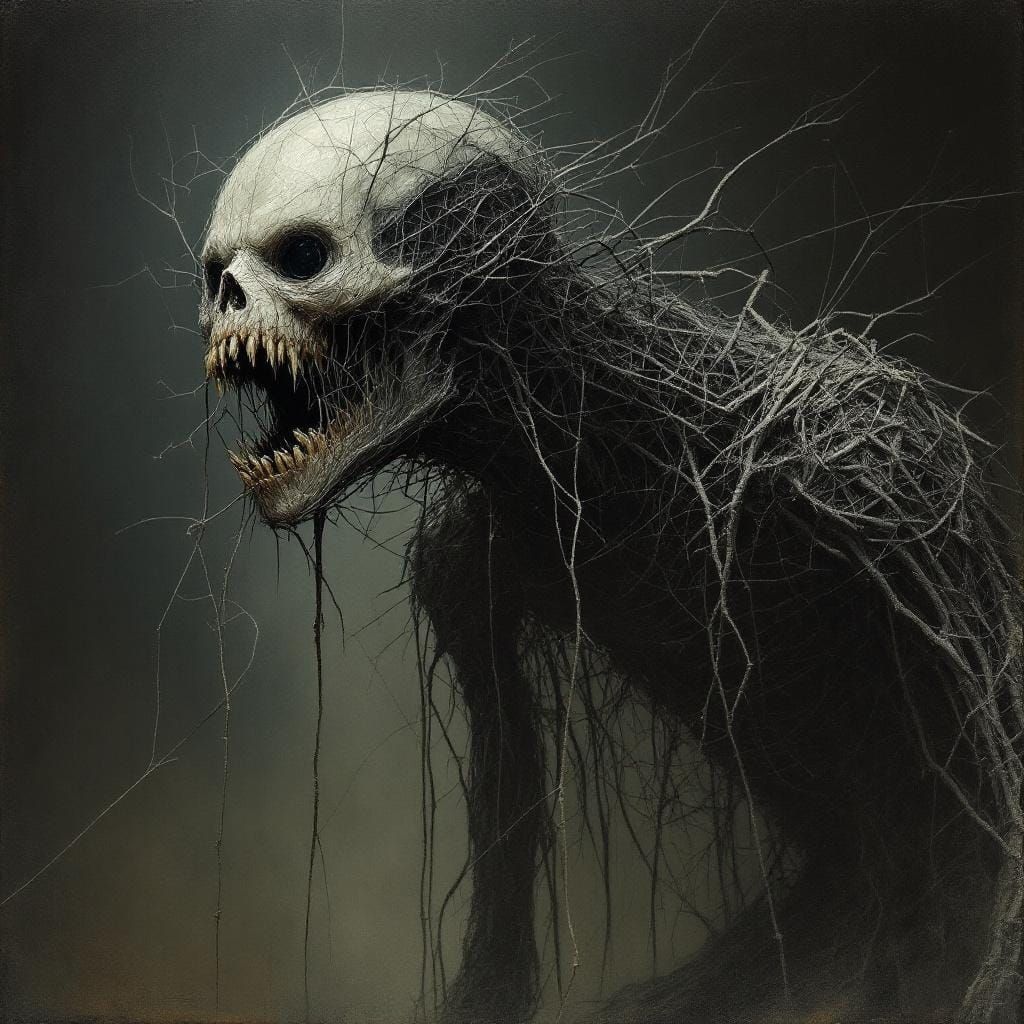 A ghastly eerie skinny ghost made of wicker strung together ...