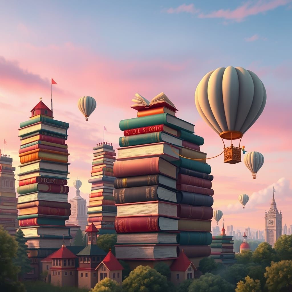 Dreamlike Cityscape of Book Buildings with Novel Hot Air Bal...