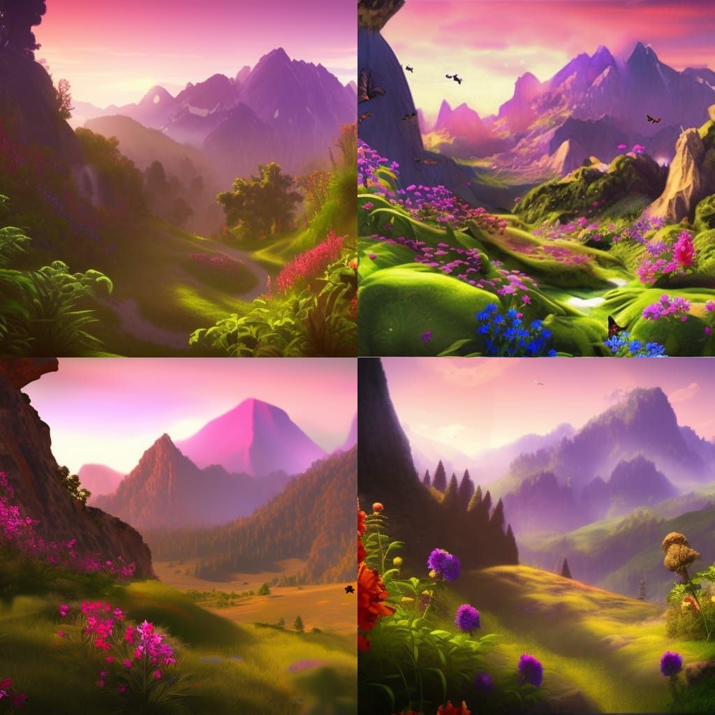 Scenic Mountain View with Butterflies: Matte Painting