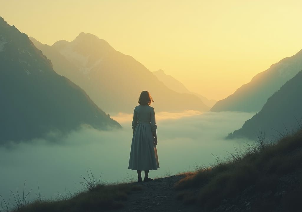 Misty Mountain Contemplation in Golden Alpenglow
