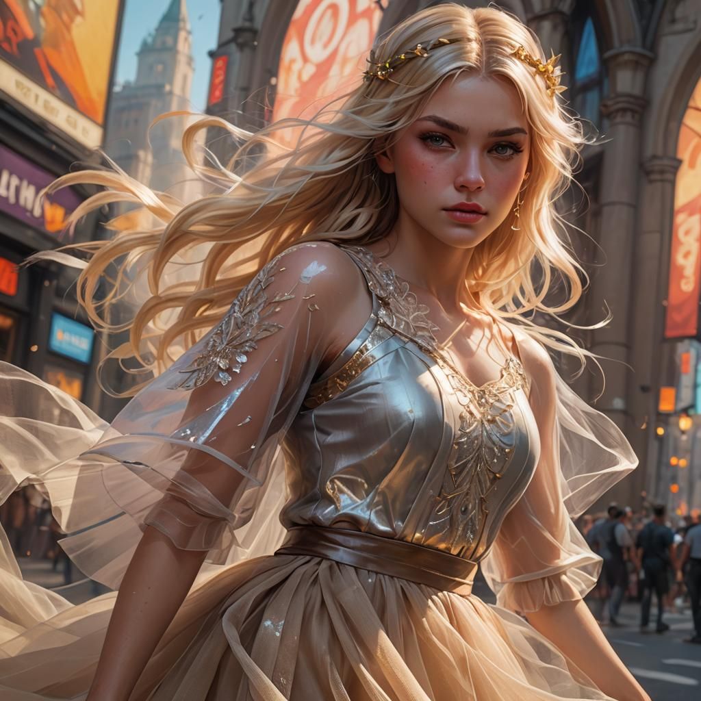 A blonde girl in a tulle skirt with a radiant face, showing ...