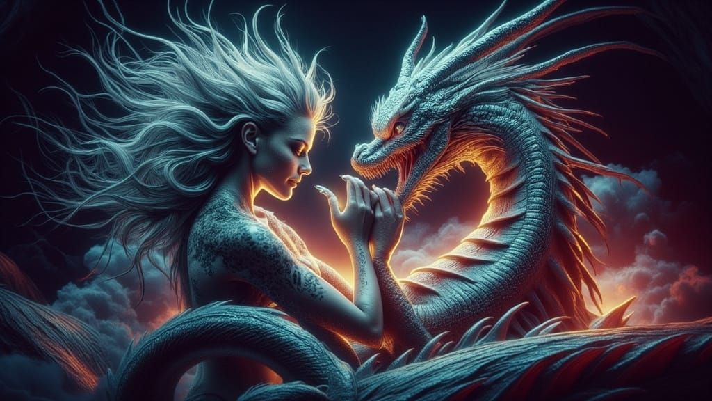 Mystical Cavern: Woman Awakens Colossal Dragon