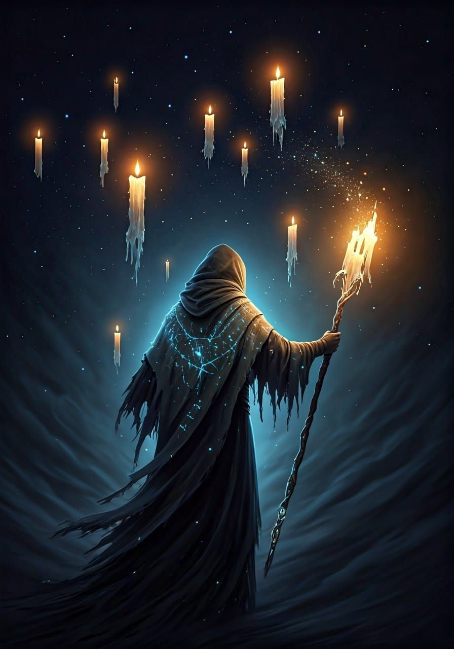 Mystical Candlelighter Ignites Stars in Cosmic Sky