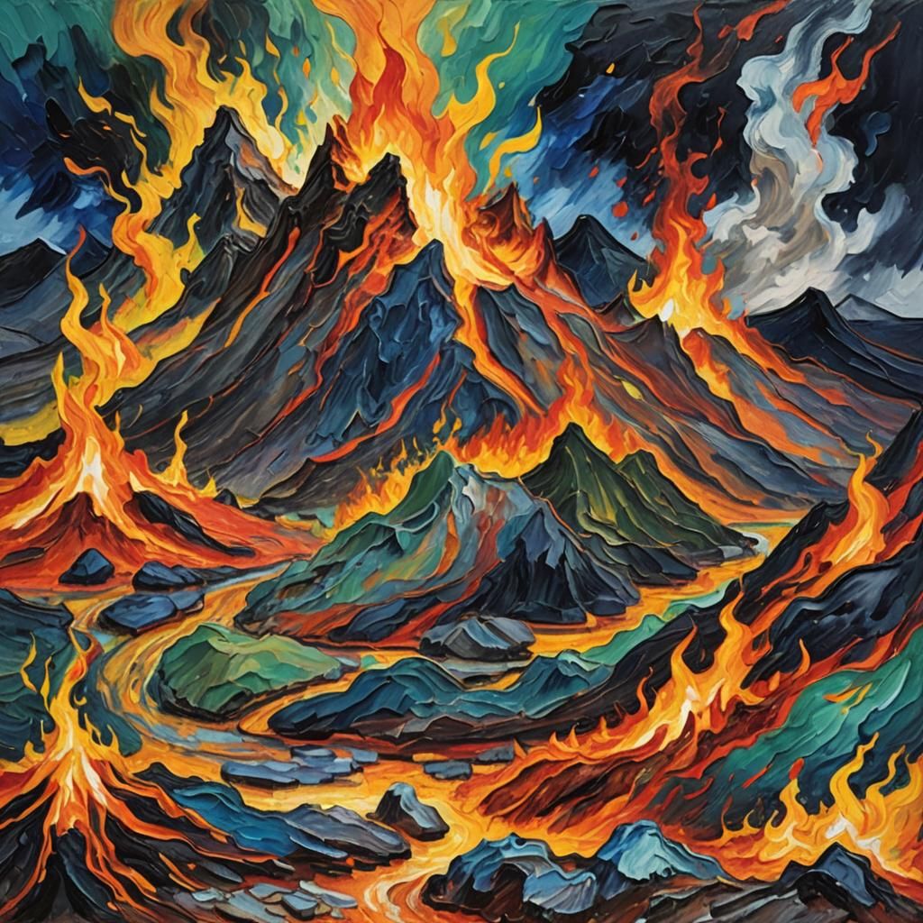 Yellowstone Eruption as Impasto Oil Painting