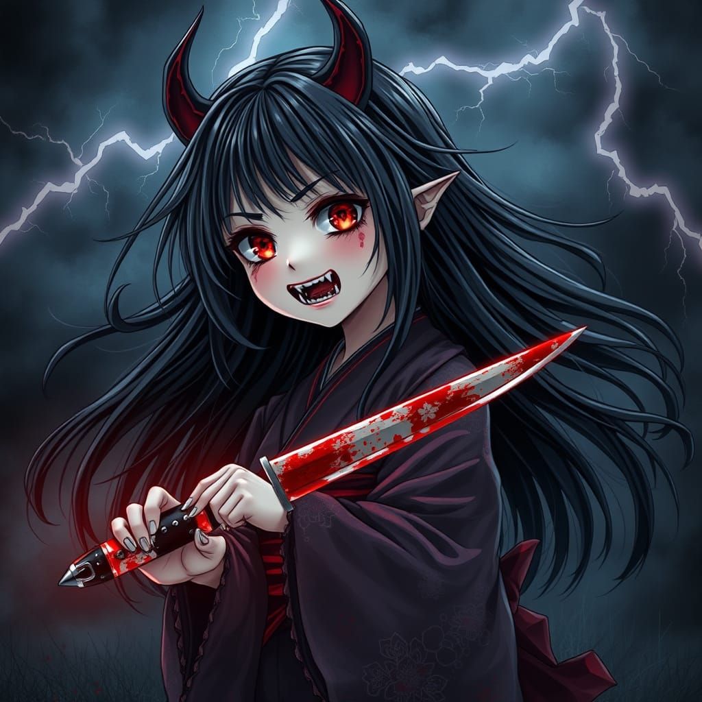 Demonic Anime Lil Girl in Kimono, Vampire Fangs, and Bloody ...