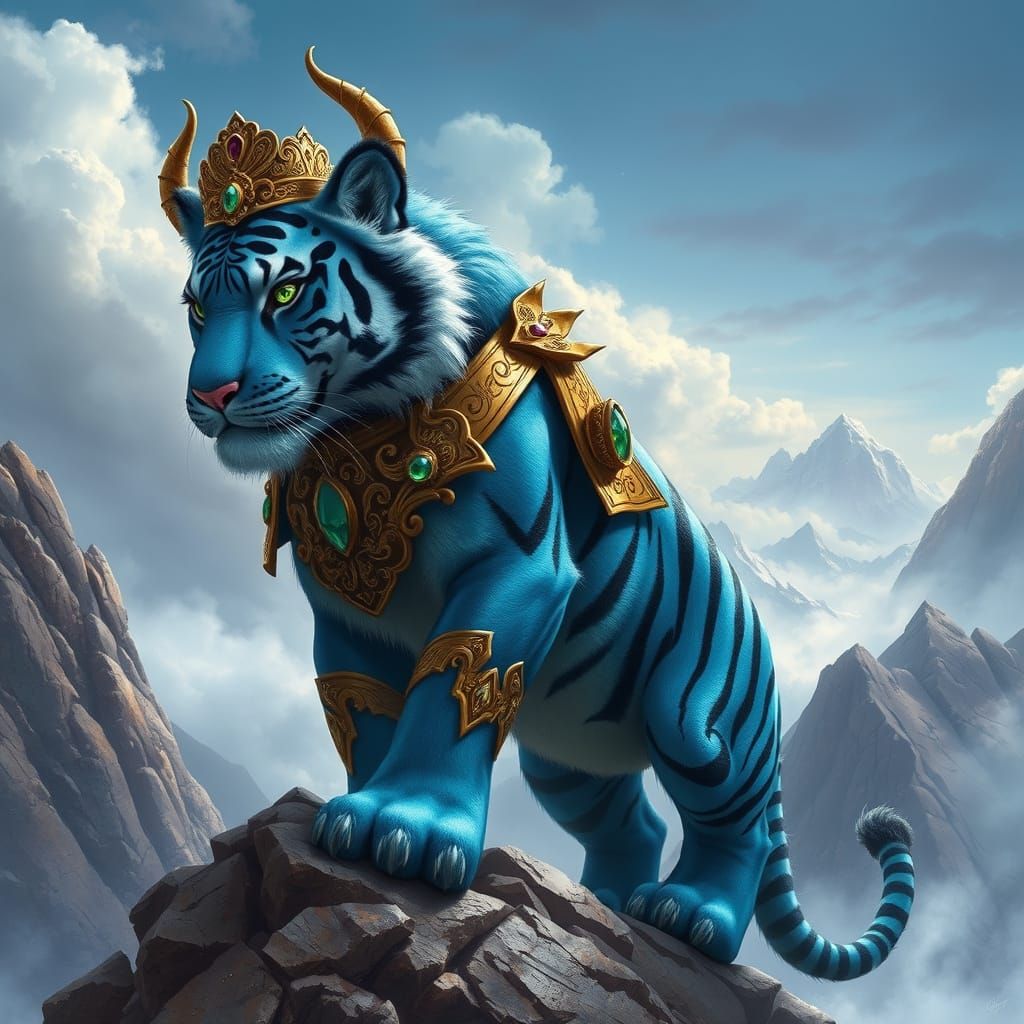 Cyberpunk Tiger King Reigns Over Ethereal Mountainscape