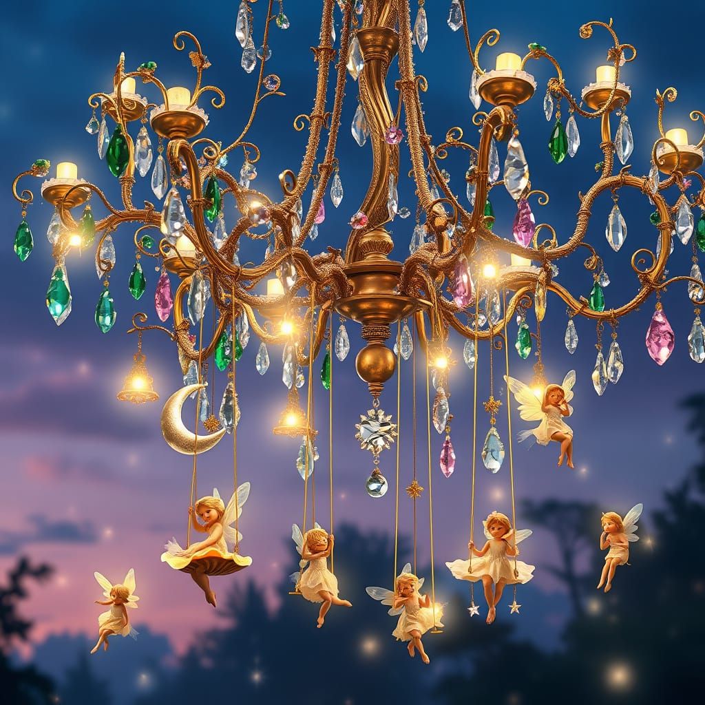Enchanted Crystal Chandelier with Pixies in Twilight
