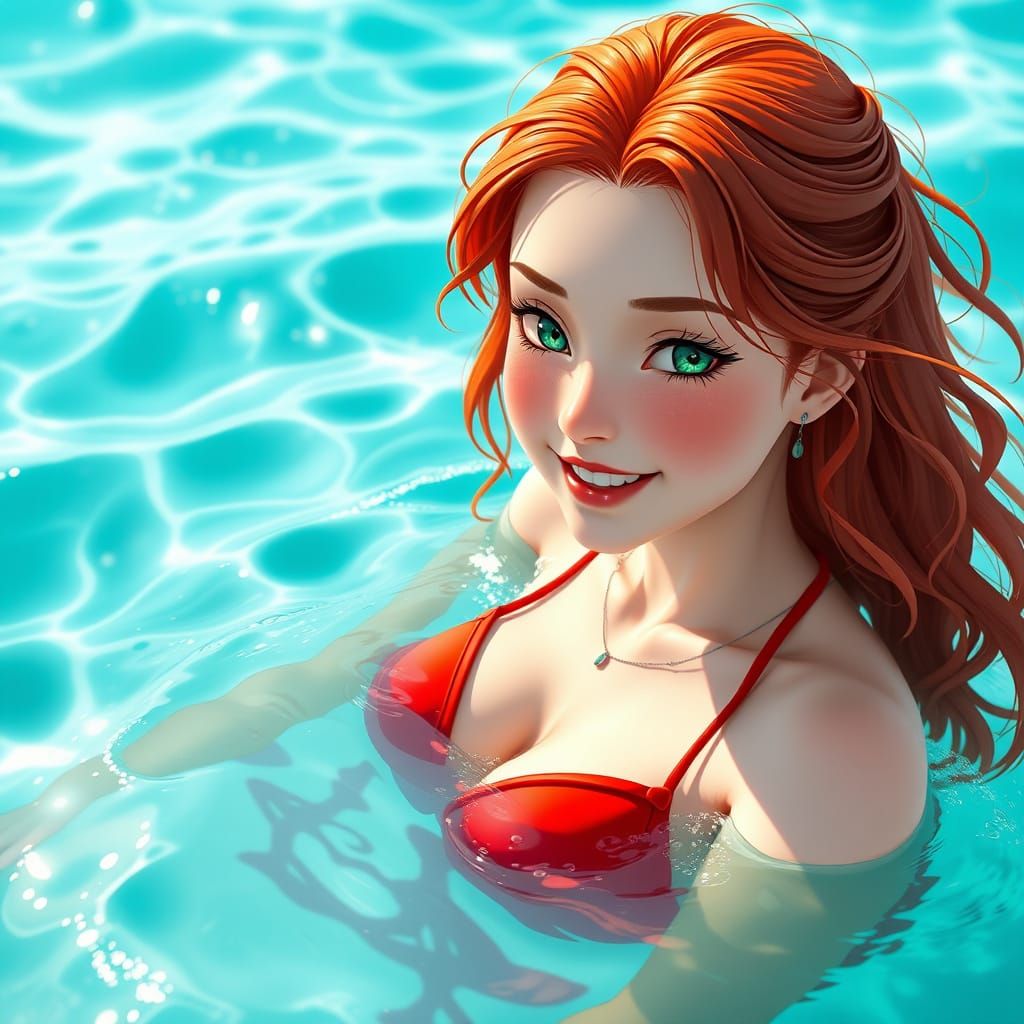 Bashful Mermaid Winks in Vibrant Christmas Red Bikini