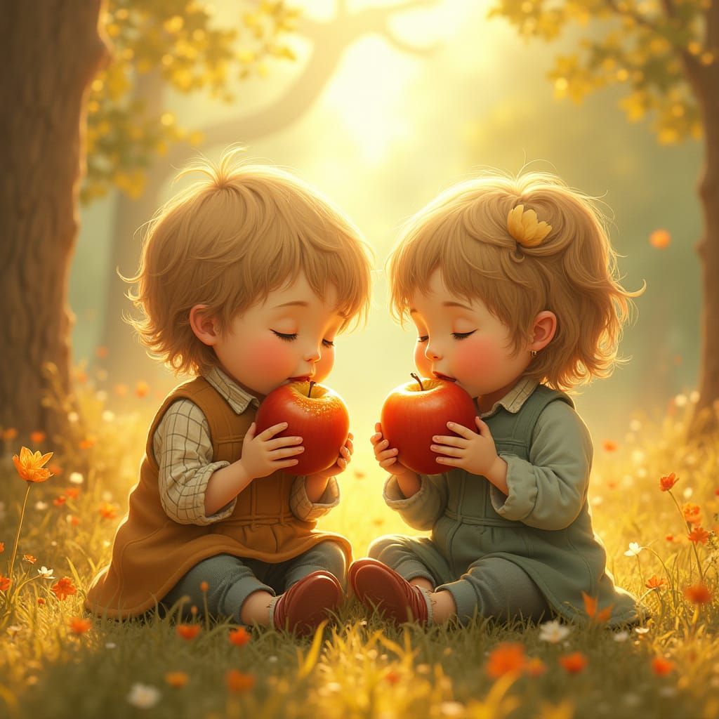 Children Eating Honey Apples in Whimsical Style