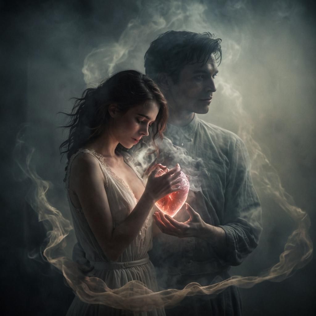 Distraught Woman with Glowing Heart in Dreamlike State