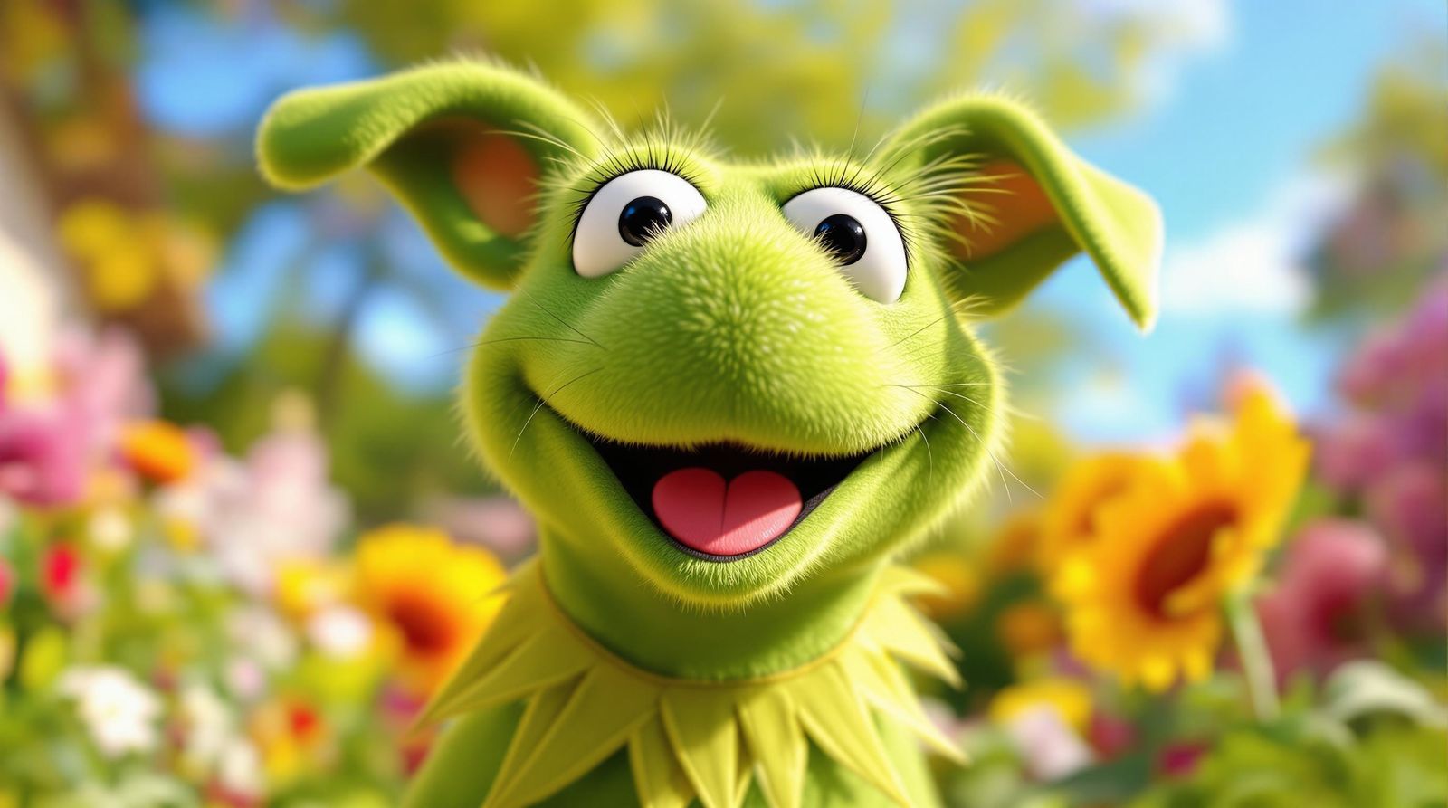 Green Dog with Kermit's Eyes, Happy on a Sunny Day