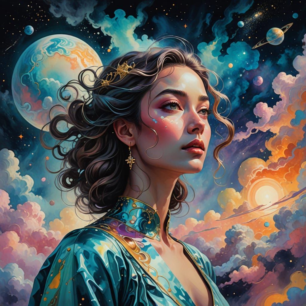 Dreamy Goddess of the Cosmos in Watercolor