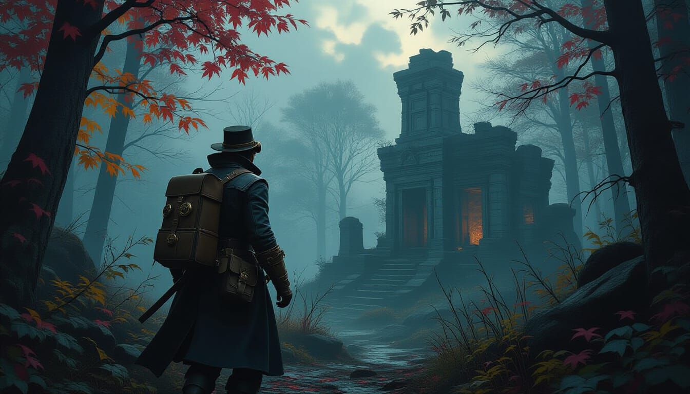 Victorian Explorer in Foggy Forest with Ruins