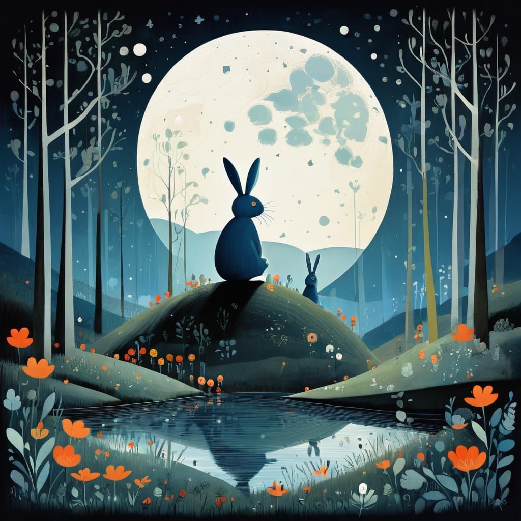 Whimsical Moon Rabbit in Folk Art Style