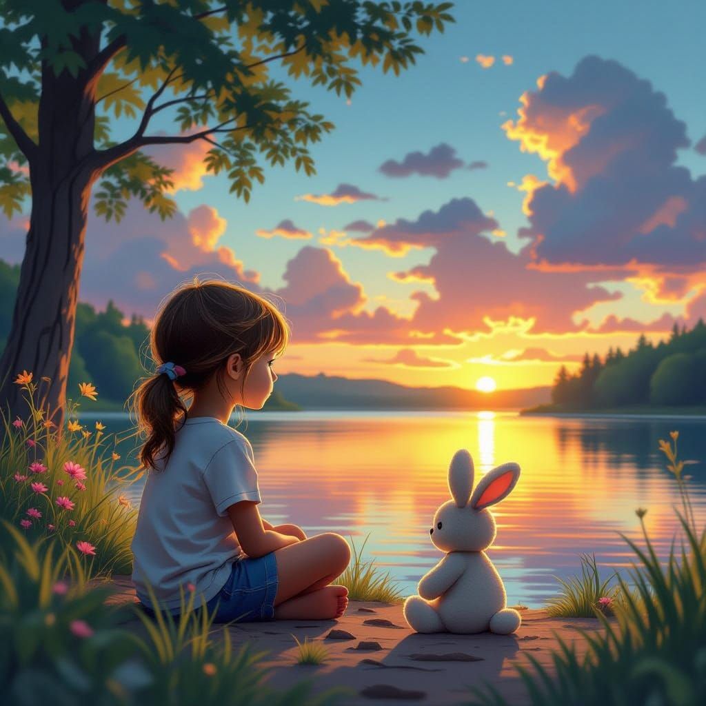 Little Girl's Sunset Reflection in Whimsical Fantasy Art