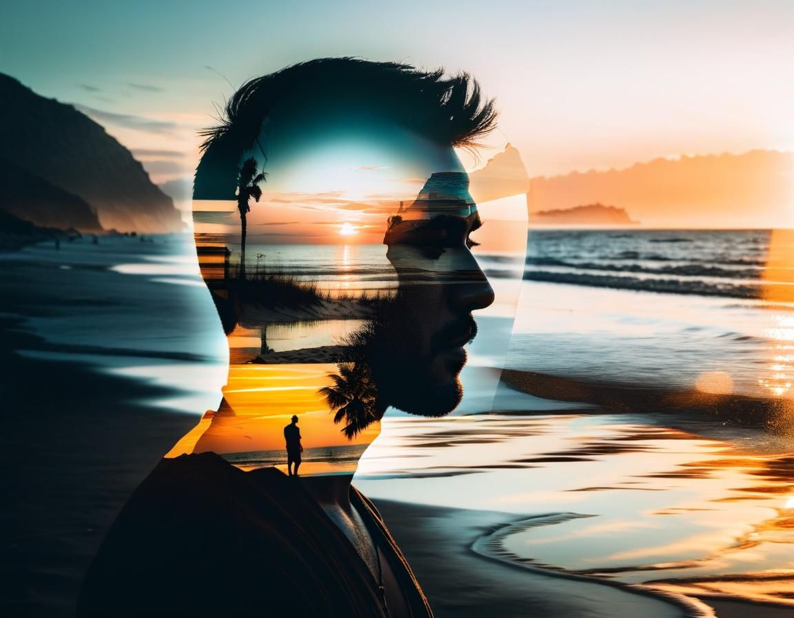 Double Exposure: Man and Beach at Sunset