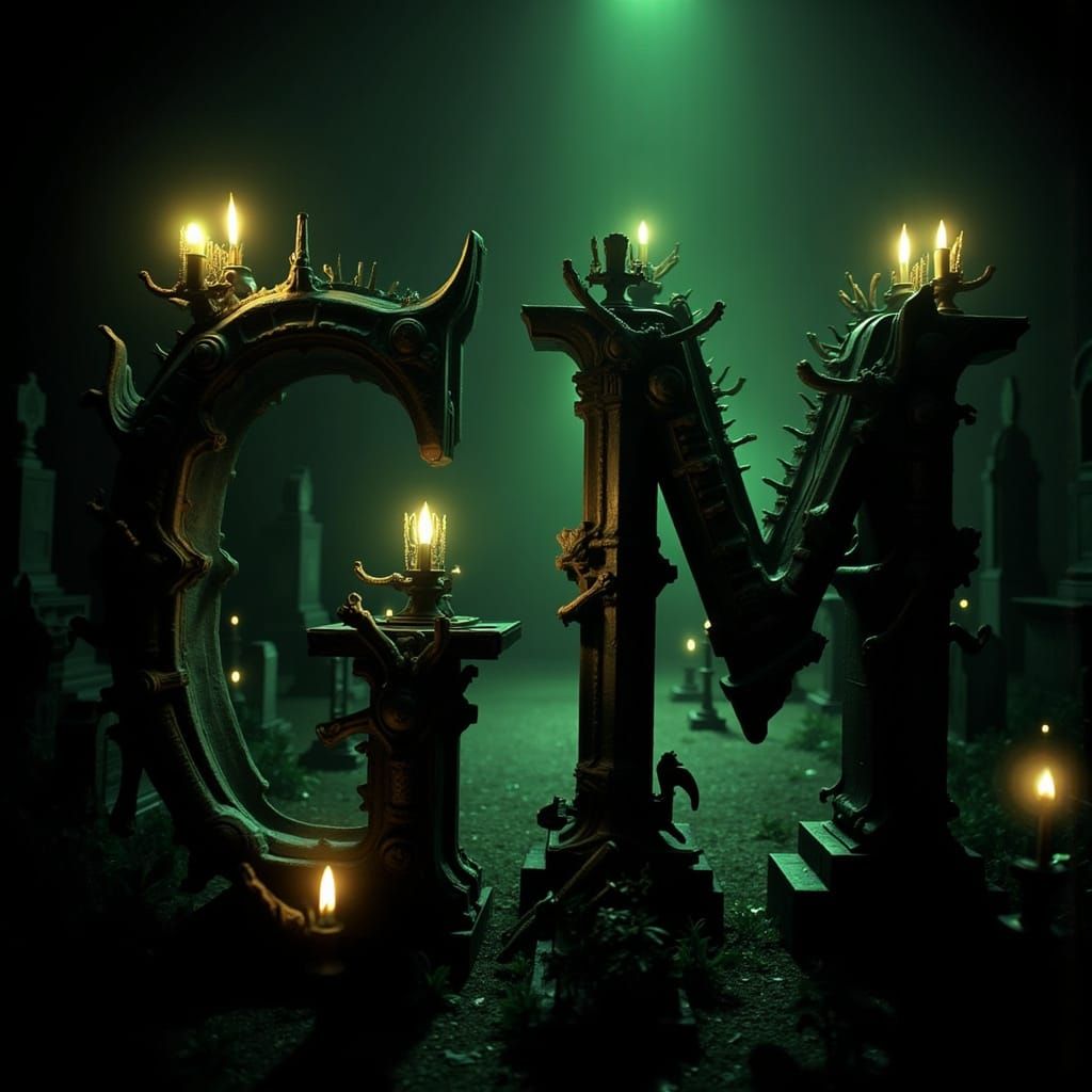 Gothic Letters Made from Human Bones in Dark, Haunting Atmos...