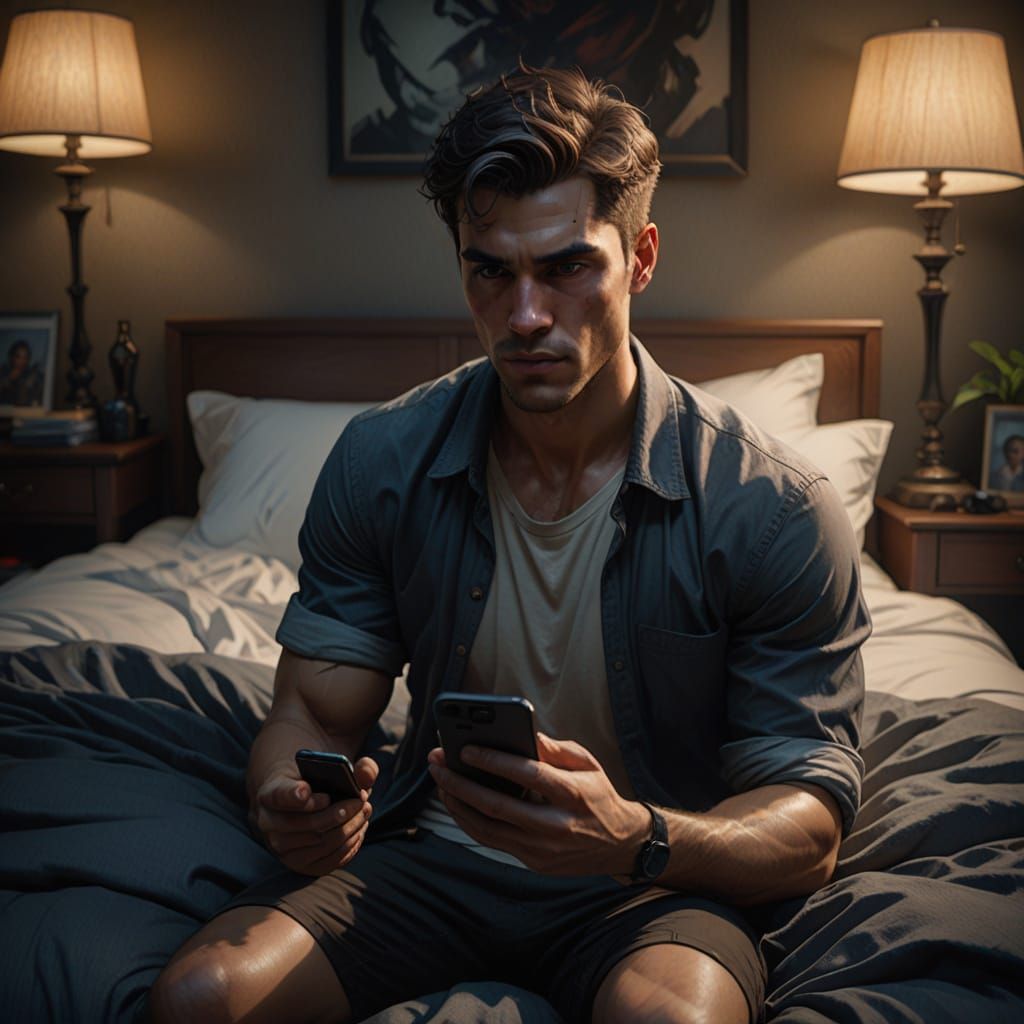 Young Man in Bed with iPhone: Cinematic Digital Art