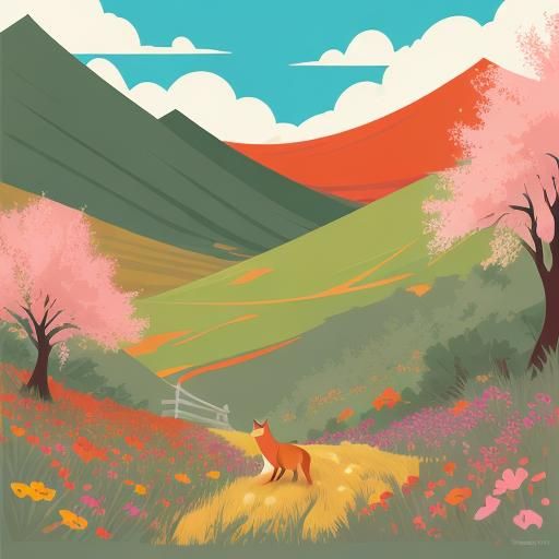 Red Fox in Blooming Meadow: Vector Art Illustration