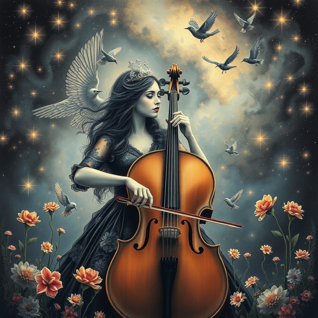 Woman Plays Cello Under Stars in Magic Realism
