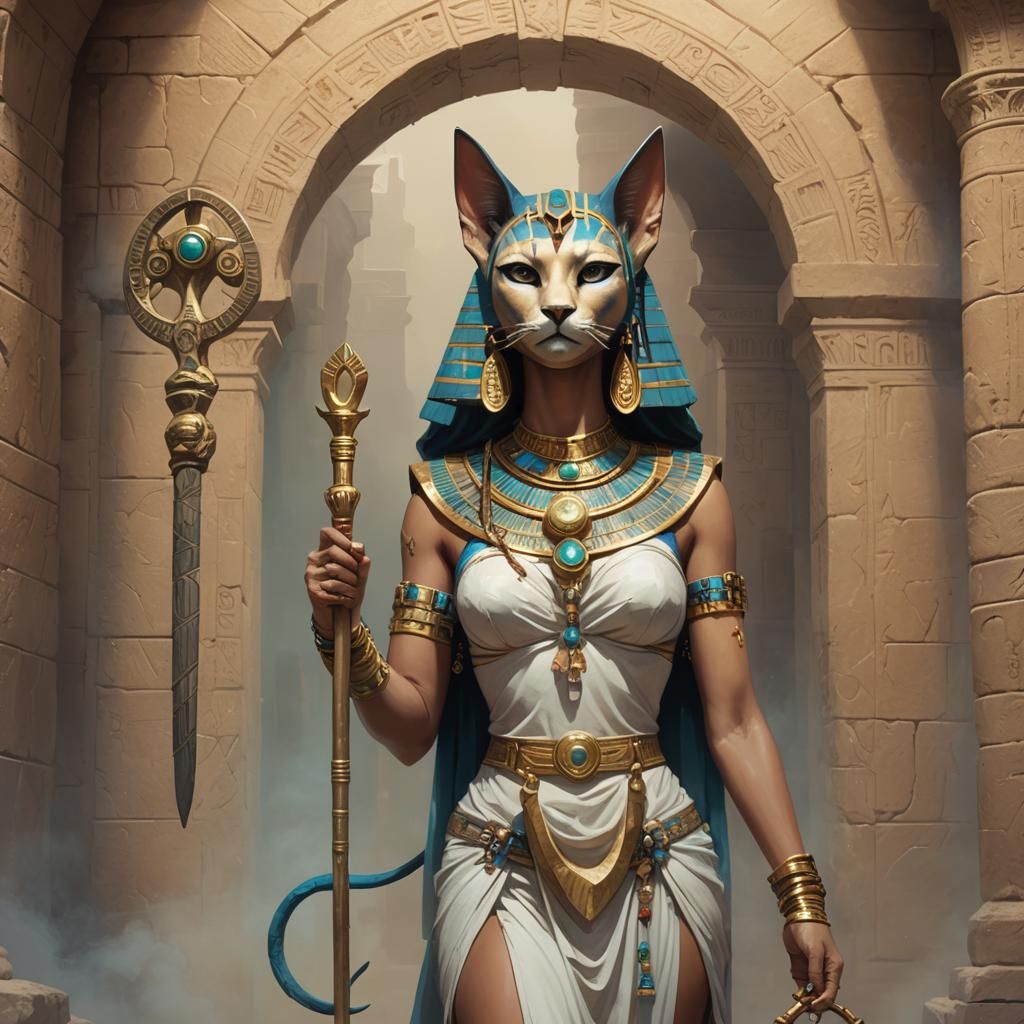 Egyptian Cat Goddess Bastet in Cartoon Oil Paint Style