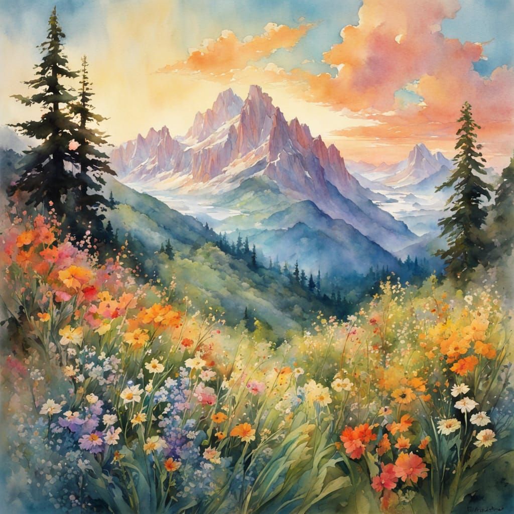 Colorful Mountain Landscape in Art Nouveau Style