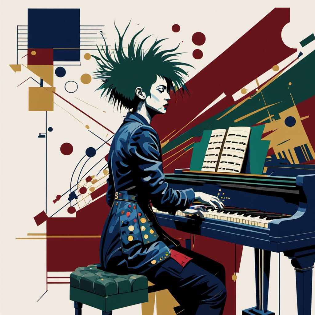 A punk woman with a piano