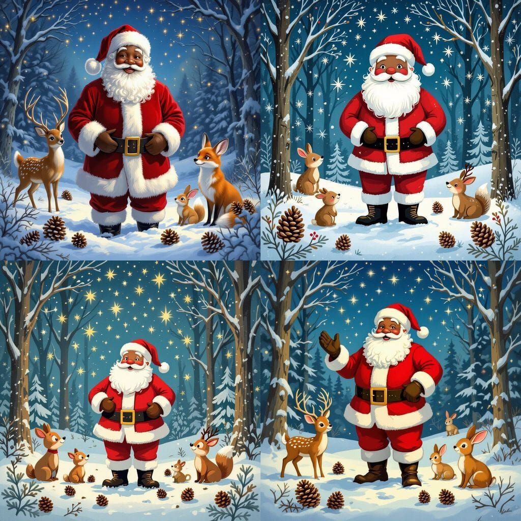 African American Santa With Woodland Friends in Winter Fores...