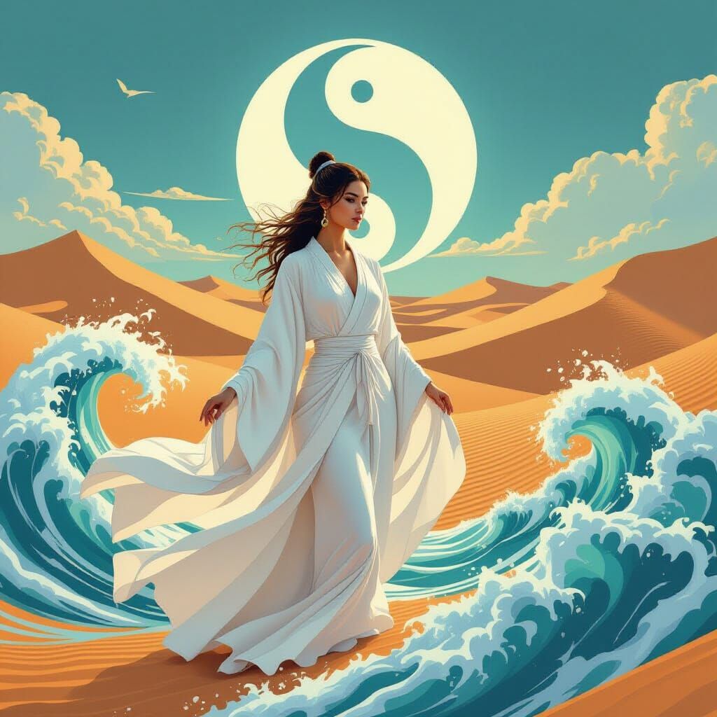 Harmonious Yin-Yang Symbol Art with Woman in White Robe