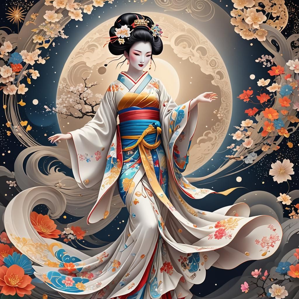 Beautiful Geisha in Traditional Kimono Under Full Moon