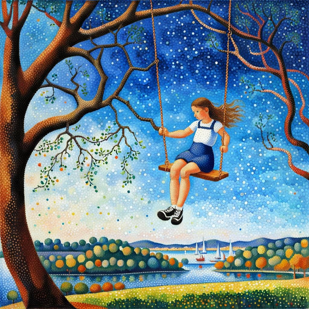 Girl on Tree Swing in Pointillism Style