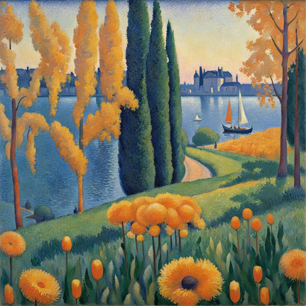 Seascape Sunset in Pointillist Style