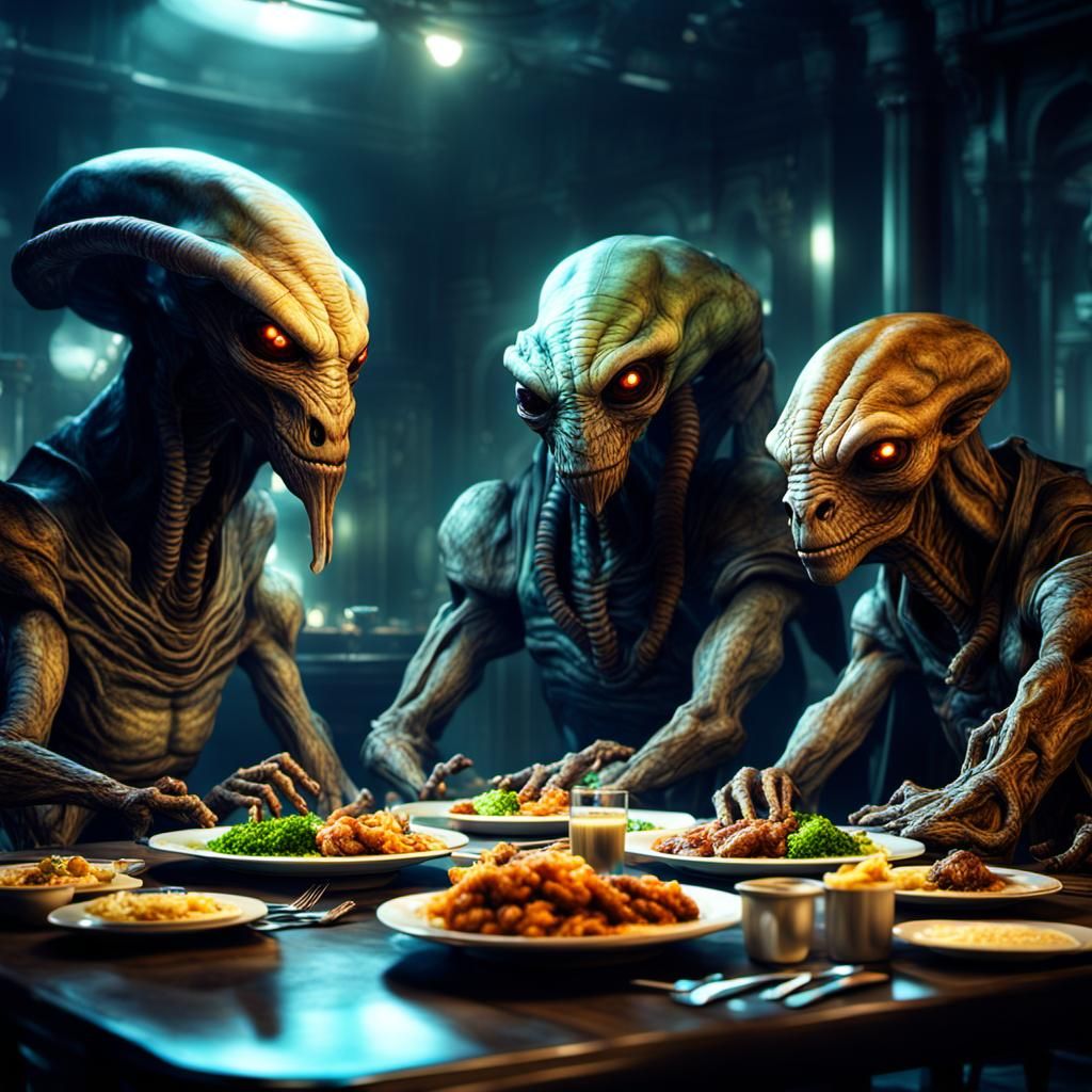 Aliens Dinner Party in Hyperdetailed Digital Art