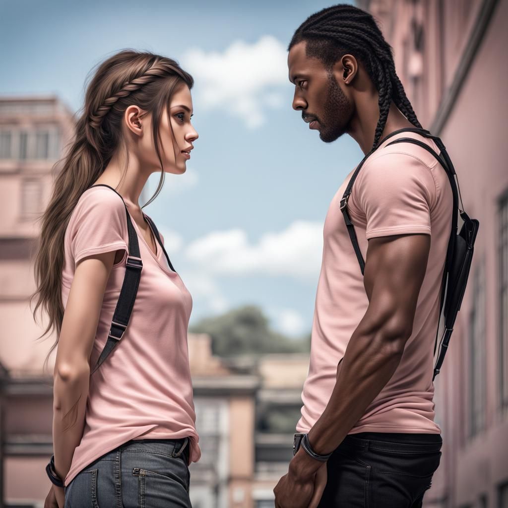 Hyperrealistic Couple in Denim and Pink