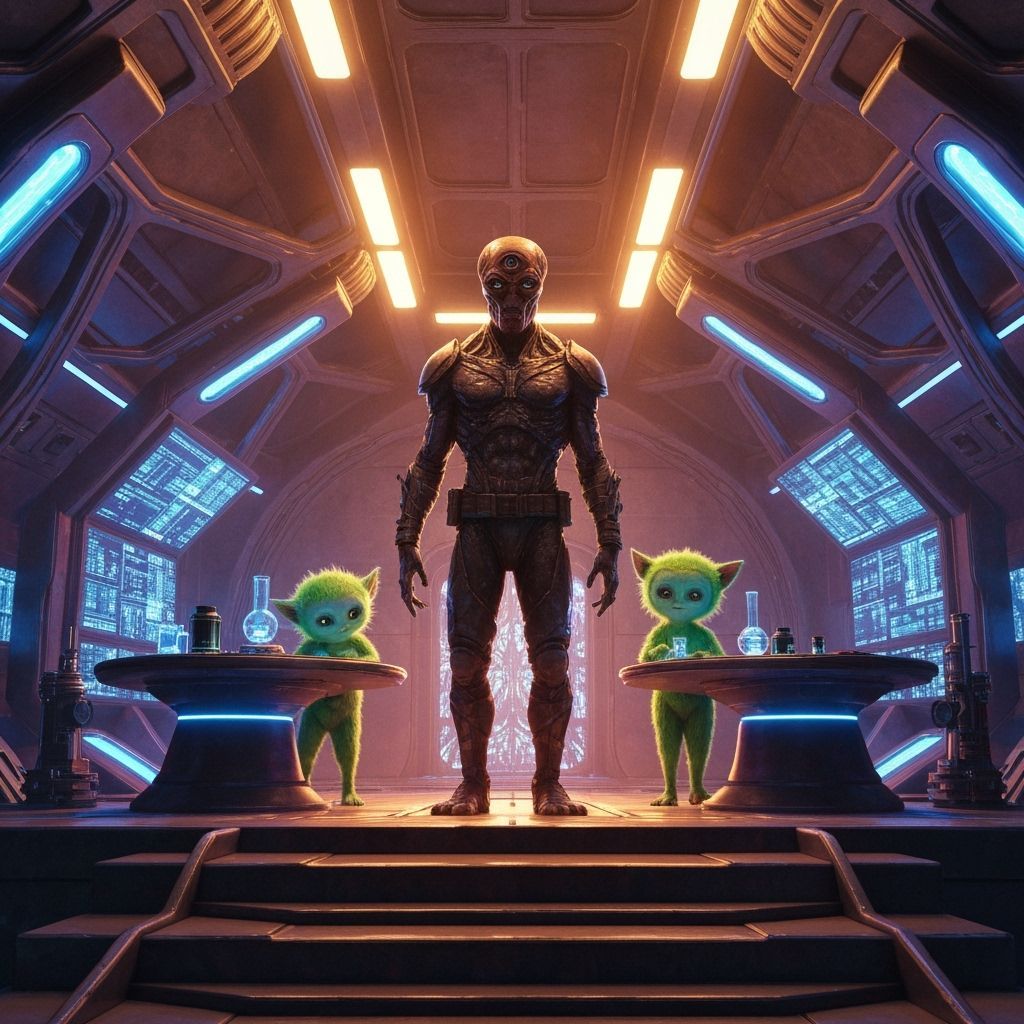 Neon Aliens in Spaceship Soaring Past Earth