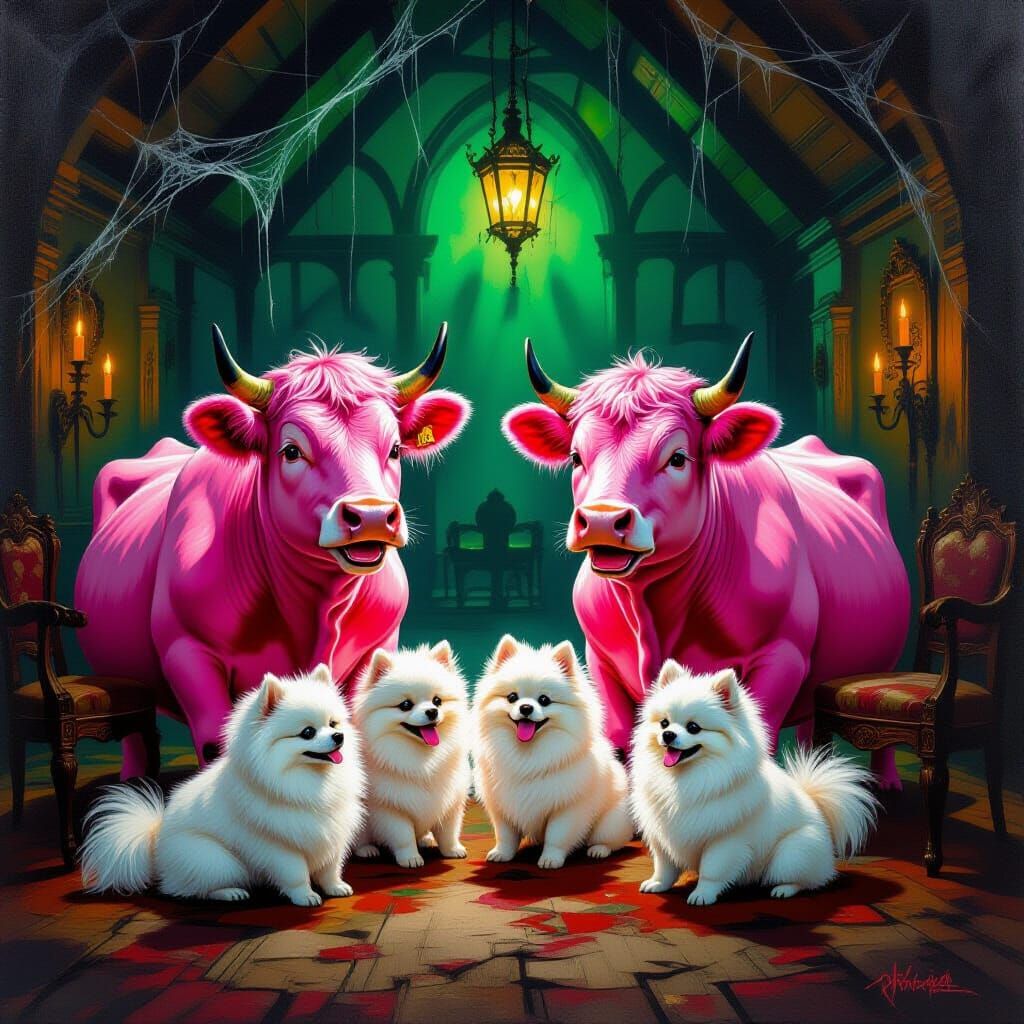 Pink Cows Play With Pomeranians In Haunted House Oil Paintin...