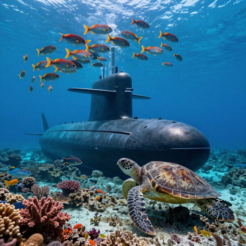 Nuclear Submarine with Dolphin Front Among Colorful Fish