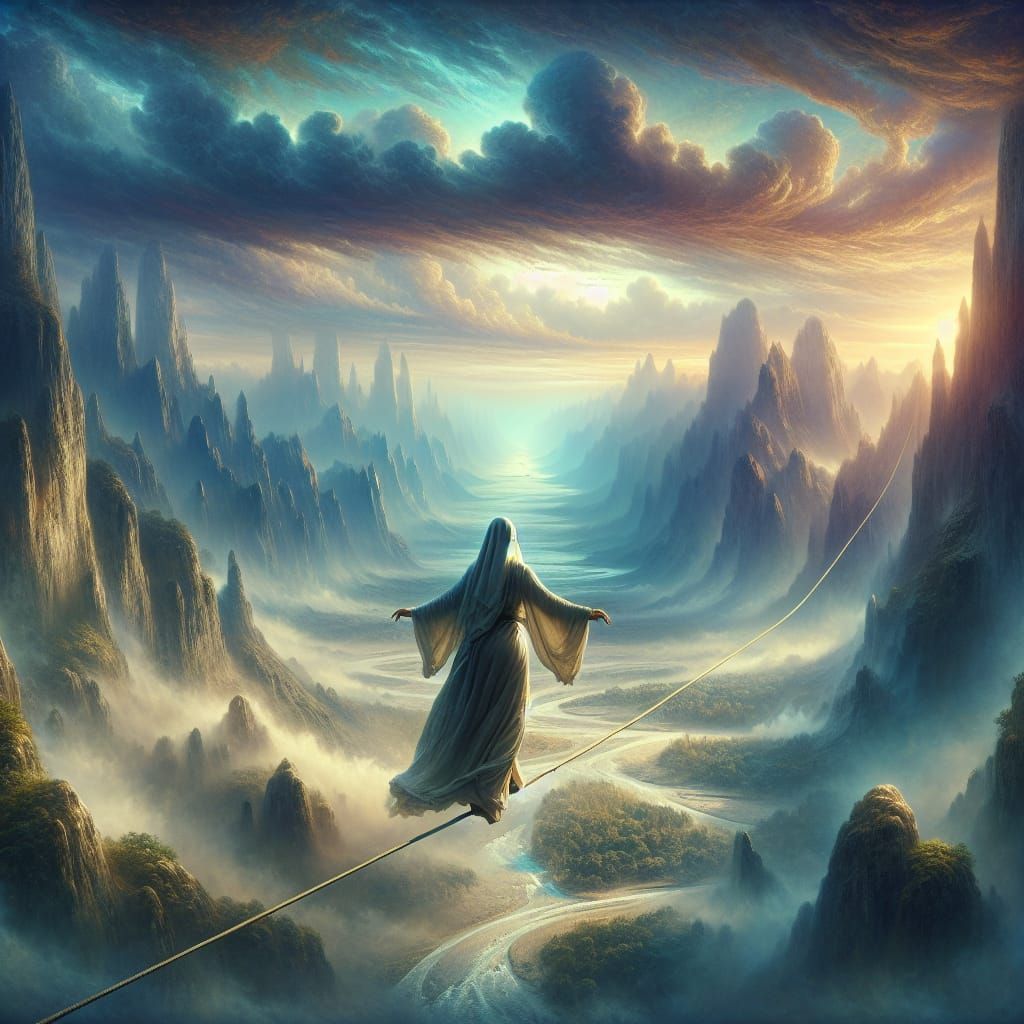 Faith Walks Tightrope in Romantic Landscape