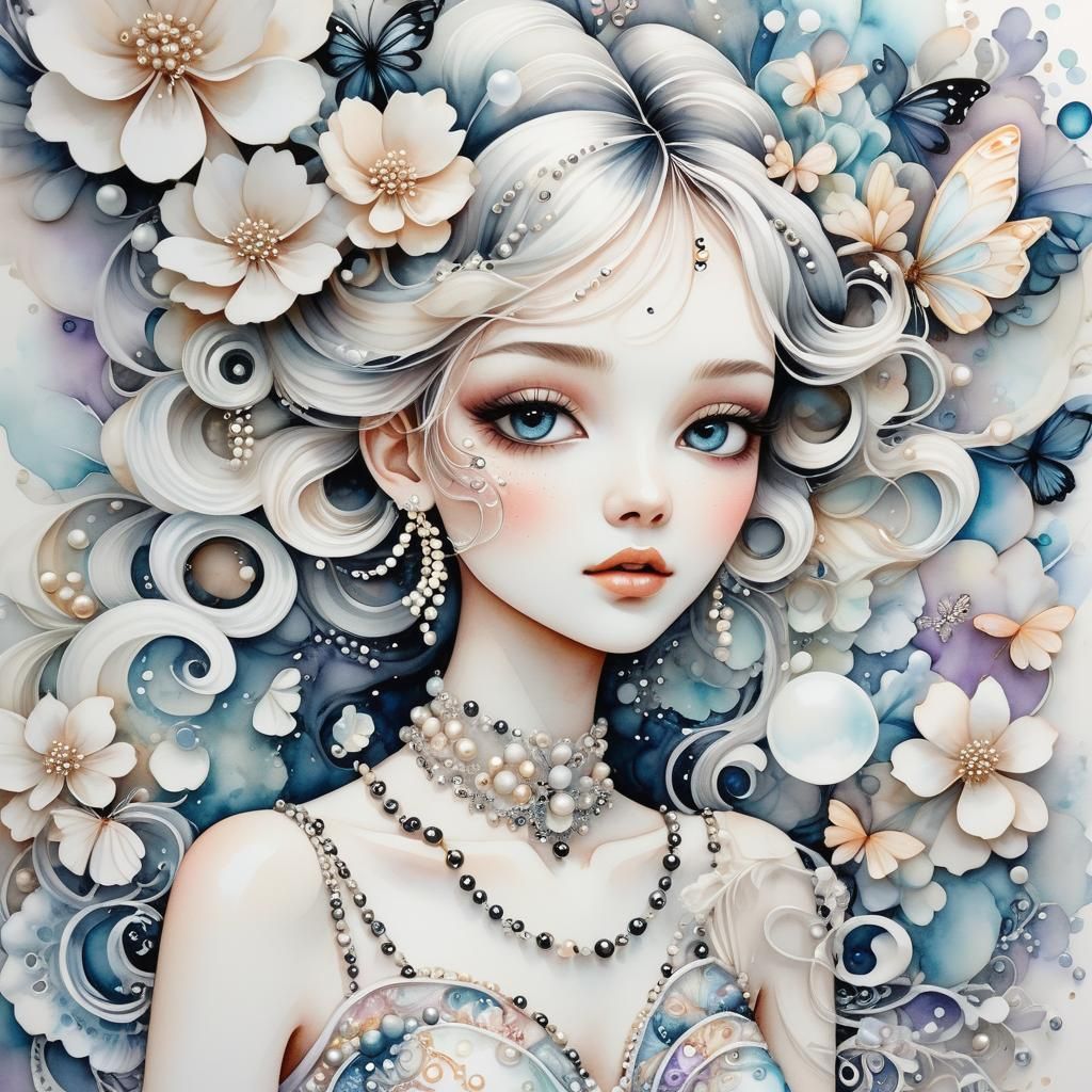Dreamy Watercolor Girl Surrounded by Pearls and Flowers